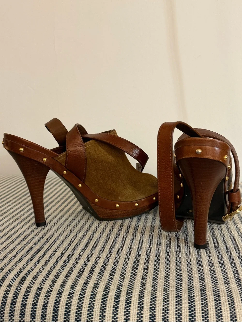 Tory Burch Brown Suede & Leather High Heel Clog Mules